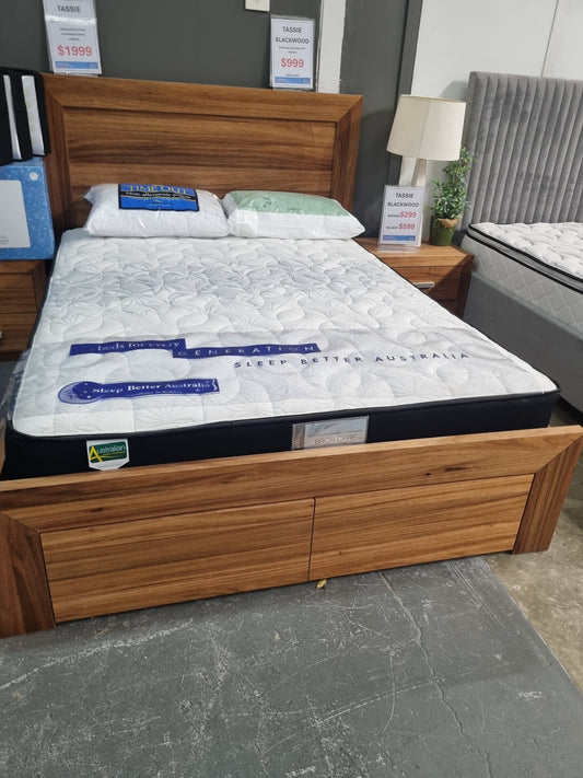Tasmanian Blackwood Queen size bedhead and base with drawers